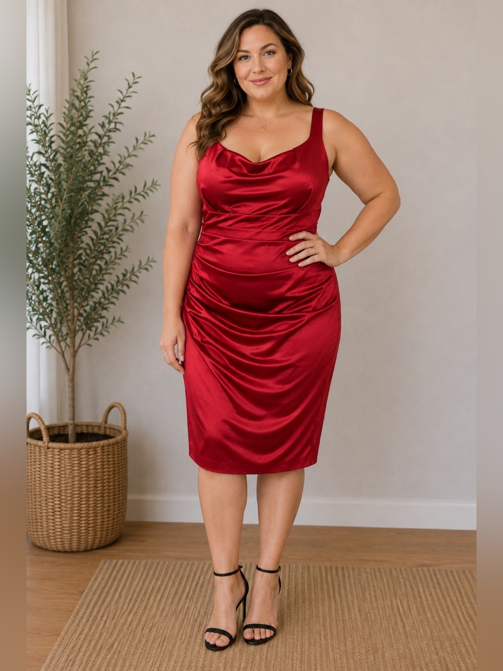 Signature by Sangria Red Sleeveless Ruched Satin Dress size 14